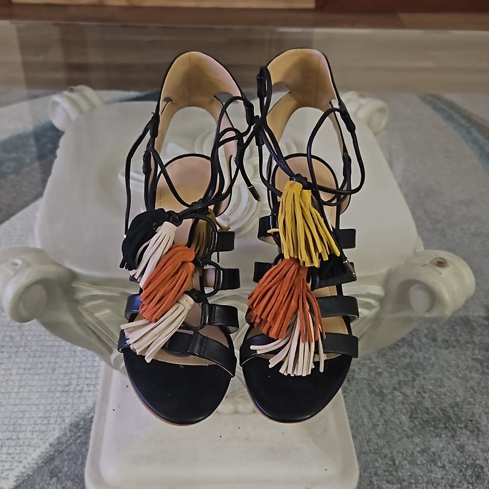Marc Fisher tassel leather  sandals, size 9m, black.
